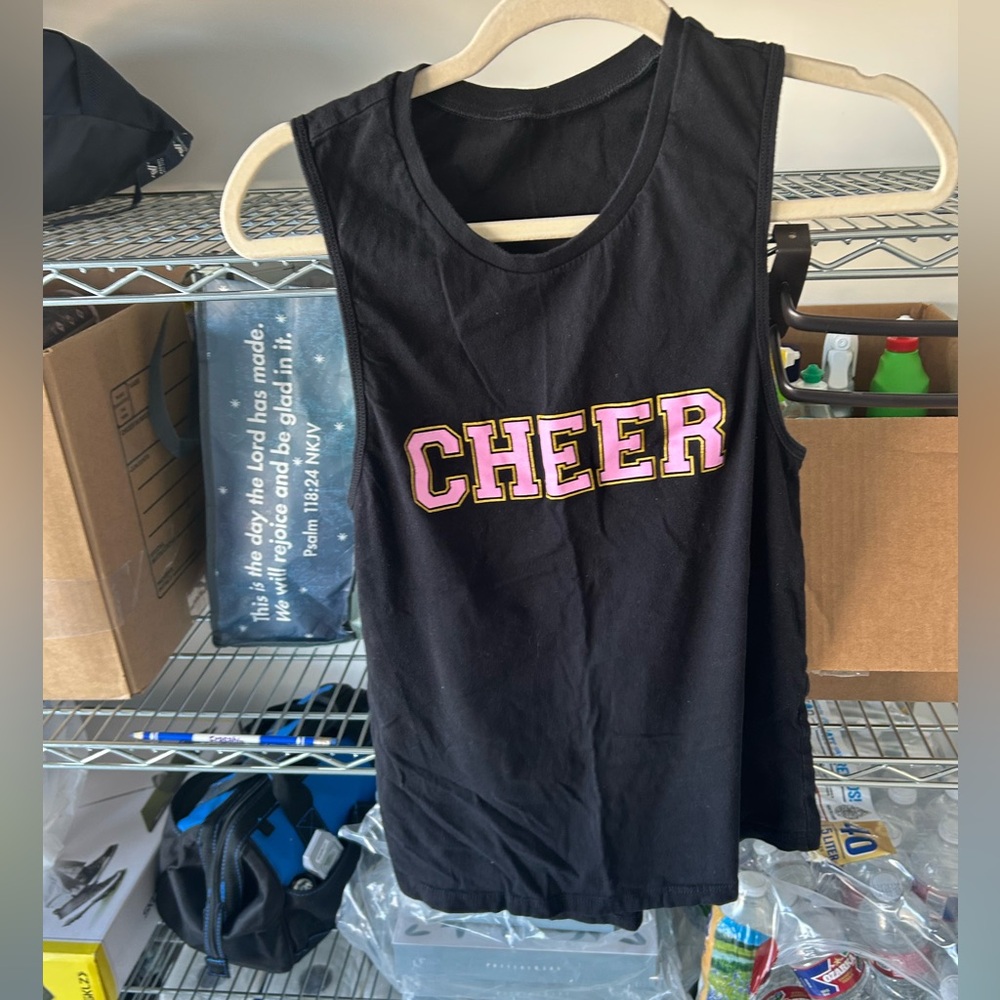Black tank top with golden and pink CHEER lettering
